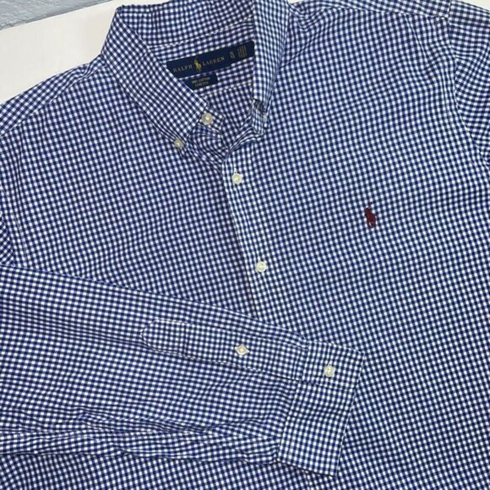 Ralph Lauren Cotton Stretch Blue White Gingham Button Down LS Shirt Size XLarge